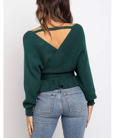 Women's 2024 Fall Wrap V Neck Long Batwing Sleeve Belted Waist Ruffle Knitted Sweater Pullover Top Green $21.93 Sweaters