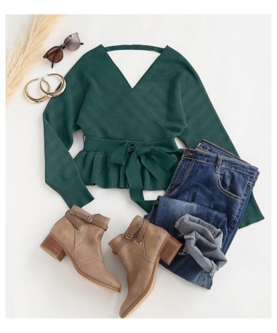 Women's 2024 Fall Wrap V Neck Long Batwing Sleeve Belted Waist Ruffle Knitted Sweater Pullover Top Green $21.93 Sweaters