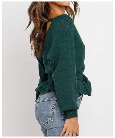 Women's 2024 Fall Wrap V Neck Long Batwing Sleeve Belted Waist Ruffle Knitted Sweater Pullover Top Green $21.93 Sweaters