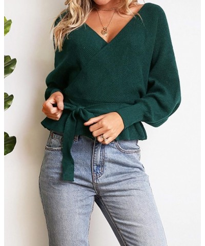 Women's 2024 Fall Wrap V Neck Long Batwing Sleeve Belted Waist Ruffle Knitted Sweater Pullover Top Green $21.93 Sweaters