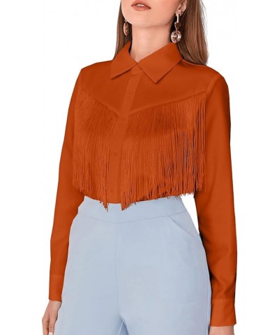 Women's Fringe Trim Long Sleeve Button Up Work Office Simple Shirt Top Orange Brown $14.40 Blouses