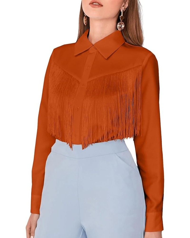 Women's Fringe Trim Long Sleeve Button Up Work Office Simple Shirt Top Orange Brown $14.40 Blouses