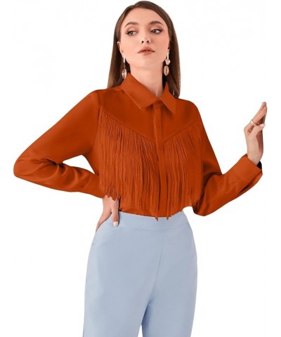 Women's Fringe Trim Long Sleeve Button Up Work Office Simple Shirt Top Orange Brown $14.40 Blouses