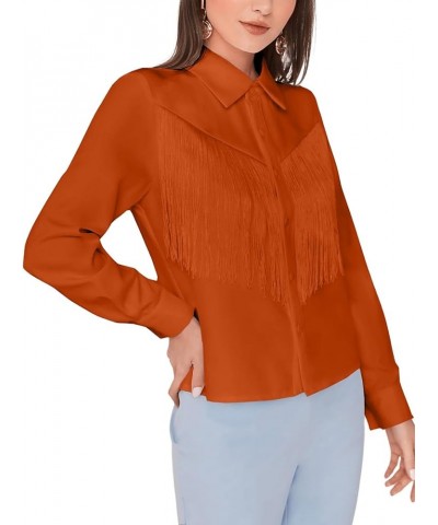 Women's Fringe Trim Long Sleeve Button Up Work Office Simple Shirt Top Orange Brown $14.40 Blouses