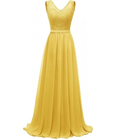 Lace V Neck Bridesmaid Dresses Long Chiffon A-line Ruched Evening Formal Party Gowns for Women Mustard Yellow $40.79 Dresses