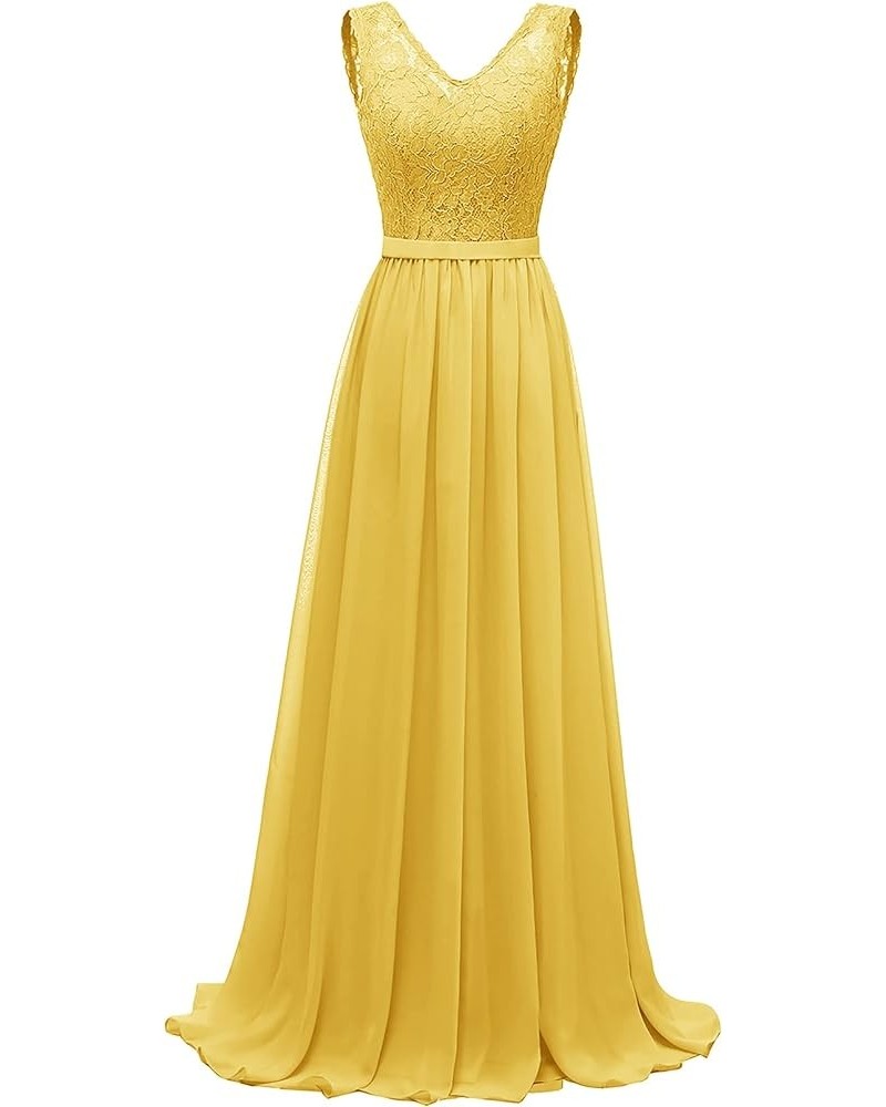 Lace V Neck Bridesmaid Dresses Long Chiffon A-line Ruched Evening Formal Party Gowns for Women Mustard Yellow $40.79 Dresses