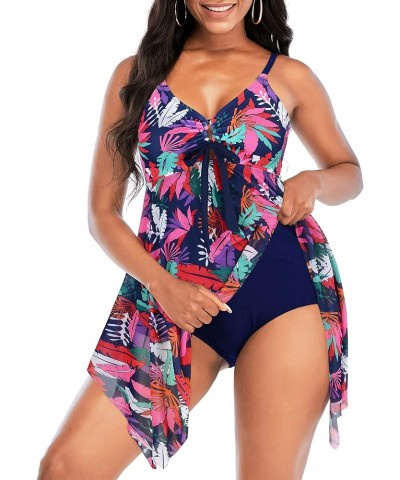 Womens Swimsuits Tummy Control Bathing Suits One Piece Swimsuit Women Flowy Swimdress with Bottom Swim Suit Pink Colorful Lea...