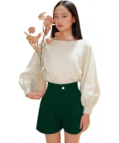 Women High Waisted Linen Shorts with Pockets Hourglass Linen Relaxed Shorts Dark Green $17.88 Shorts