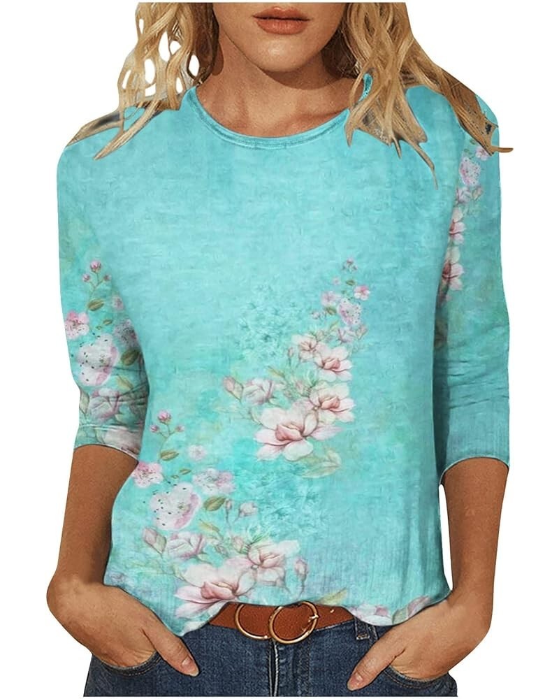 Women's 3/4 Sleeve Summer Tops Elbow Length Dressy Casual T Shirts Casual Crewneck Floral Printed Cute Blouses 01 Mint Green ...