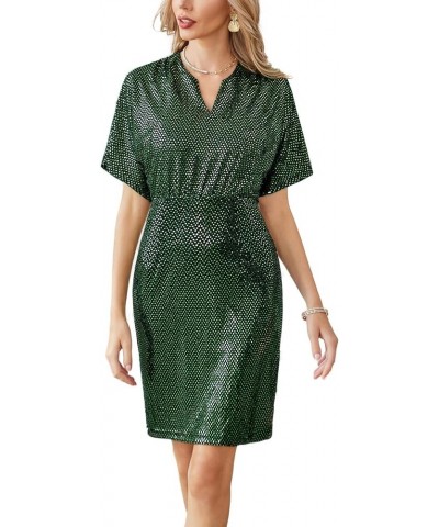 Sequin Dresses for Women Sparkly Batwing Sleeves V Neck Midi Bodycon Dress Cocktail Party Dark Green $12.80 Dresses