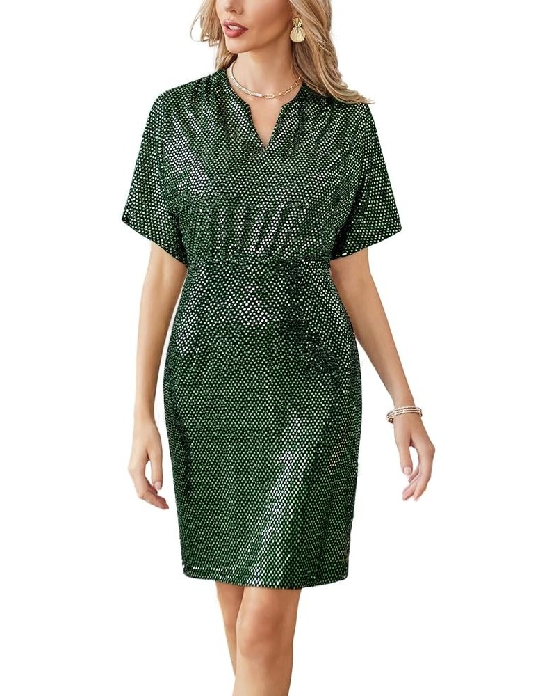 Sequin Dresses for Women Sparkly Batwing Sleeves V Neck Midi Bodycon Dress Cocktail Party Dark Green $12.80 Dresses