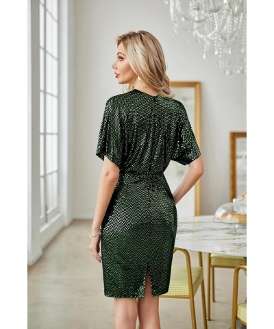 Sequin Dresses for Women Sparkly Batwing Sleeves V Neck Midi Bodycon Dress Cocktail Party Dark Green $12.80 Dresses