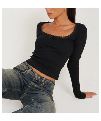 Women Low Cut Crop Shirt Long Sleeve Fitted Knit Tshirts Top Cutout Cropped Square Neck Tee Blouse Retro Streetwear P9899 Bla...