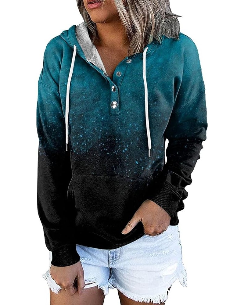 Women's Casual Long Sleeve Hoodies Color Block Button Down Hooded Drawstring Pullover Sweatshirt Tops with Pocket H-blue $12....