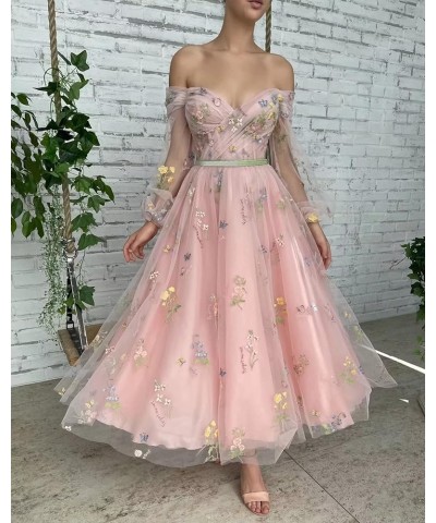 Flower Embroidery Tulle Puffy Sleeve Prom Dresses Long A Line Fairy Maxi Formal Evening Party Gowns for Women Floor Length-pi...