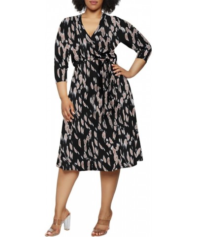 Women's Plus Size 3/4 Sleeve Faux Wrap Floral Dress with Belt Camel Print $10.75 Dresses