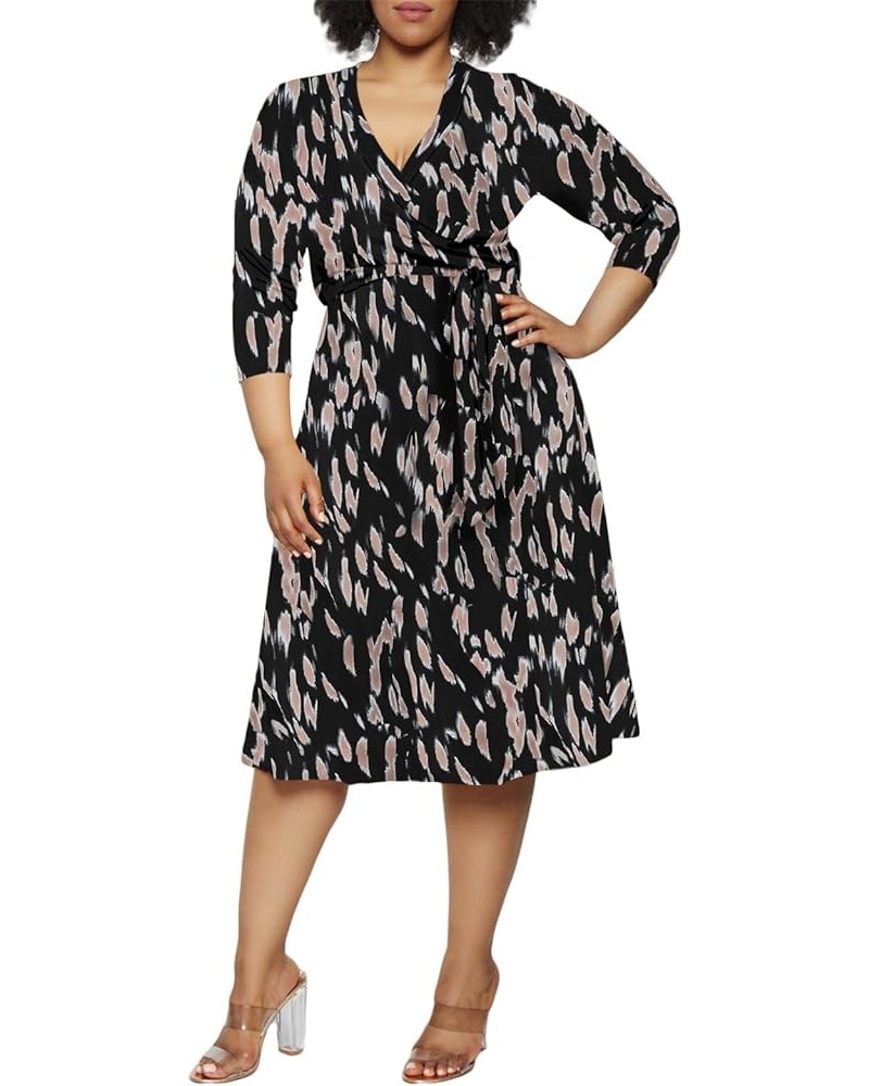 Women's Plus Size 3/4 Sleeve Faux Wrap Floral Dress with Belt Camel Print $10.75 Dresses