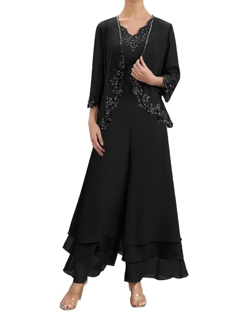 2 Pieces Mother of The Bride Pant Suits Long Sleeve Chiffon Lace Appliques Outfit Set Wedding Guest Dress with Jacket Black $...