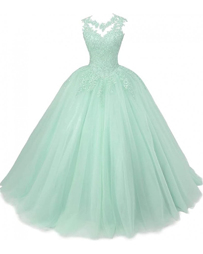 Women's Sleeveless Beaded Lace Quinceanera Dresses Sweet 16 Puffy Tulle Prom Ball Gown Mint,green $44.75 Dresses