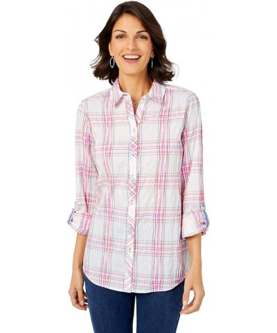 Women's Zoey Long Sleeve Plaid Crinkle Blouse Pink/White $21.88 Blouses