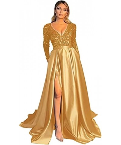 Prom Dresses Sequin V-Neck Long Sleeve Satin Floor-Length Formal Evening Party Gowns with Slit Gold $40.80 Dresses