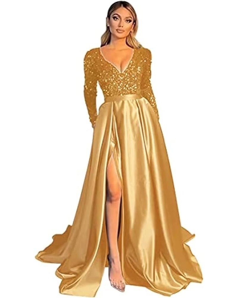 Prom Dresses Sequin V-Neck Long Sleeve Satin Floor-Length Formal Evening Party Gowns with Slit Gold $40.80 Dresses