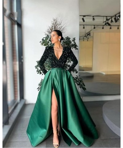 Prom Dresses Sequin V-Neck Long Sleeve Satin Floor-Length Formal Evening Party Gowns with Slit Gold $40.80 Dresses