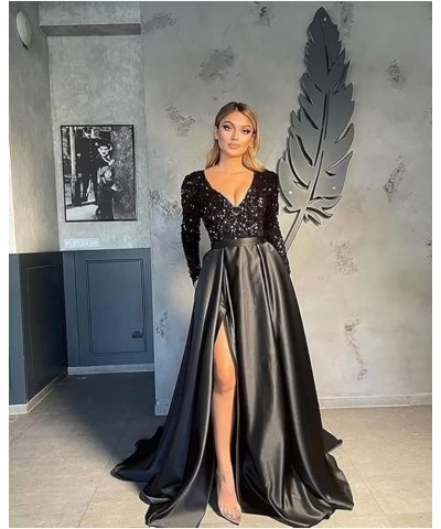 Prom Dresses Sequin V-Neck Long Sleeve Satin Floor-Length Formal Evening Party Gowns with Slit Gold $40.80 Dresses