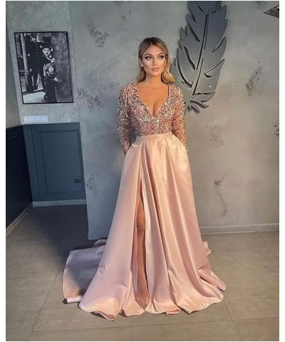 Prom Dresses Sequin V-Neck Long Sleeve Satin Floor-Length Formal Evening Party Gowns with Slit Gold $40.80 Dresses