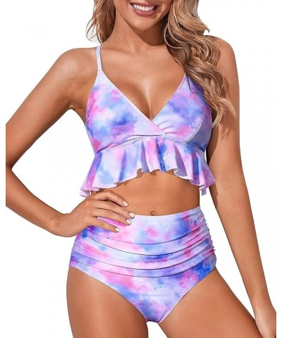 Women Two Piece Swimsuits High Waisted Bikini Set Ruffle Flounce Tummy Control Bottoms Bathing Suit Tie Dye $15.48 Swimsuits