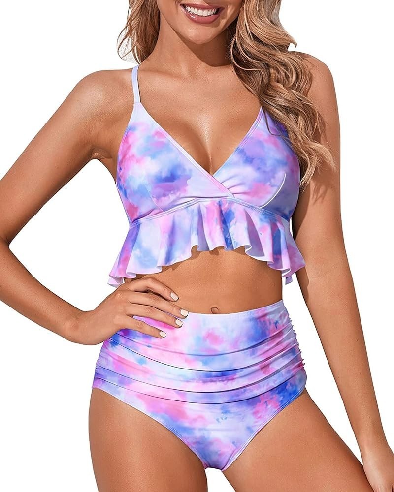 Women Two Piece Swimsuits High Waisted Bikini Set Ruffle Flounce Tummy Control Bottoms Bathing Suit Tie Dye $15.48 Swimsuits