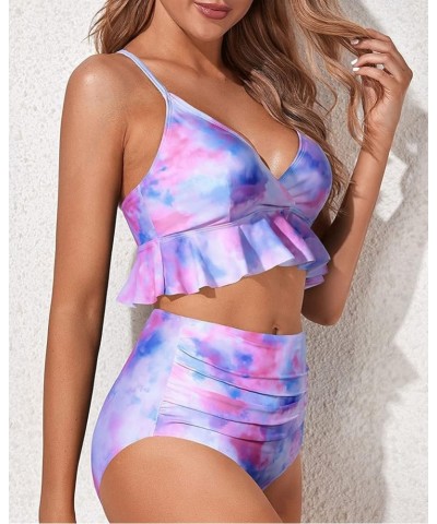 Women Two Piece Swimsuits High Waisted Bikini Set Ruffle Flounce Tummy Control Bottoms Bathing Suit Tie Dye $15.48 Swimsuits