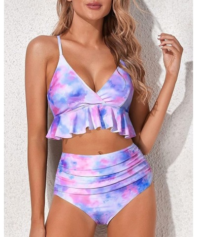 Women Two Piece Swimsuits High Waisted Bikini Set Ruffle Flounce Tummy Control Bottoms Bathing Suit Tie Dye $15.48 Swimsuits