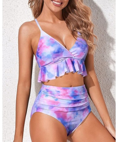 Women Two Piece Swimsuits High Waisted Bikini Set Ruffle Flounce Tummy Control Bottoms Bathing Suit Tie Dye $15.48 Swimsuits