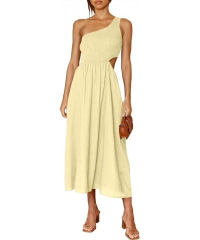 Women's Summer Sleeveless Smocked One Shoulder Cutout Sundress Flowy A-Line Beach Long Maxi Dress Beige $18.54 Dresses