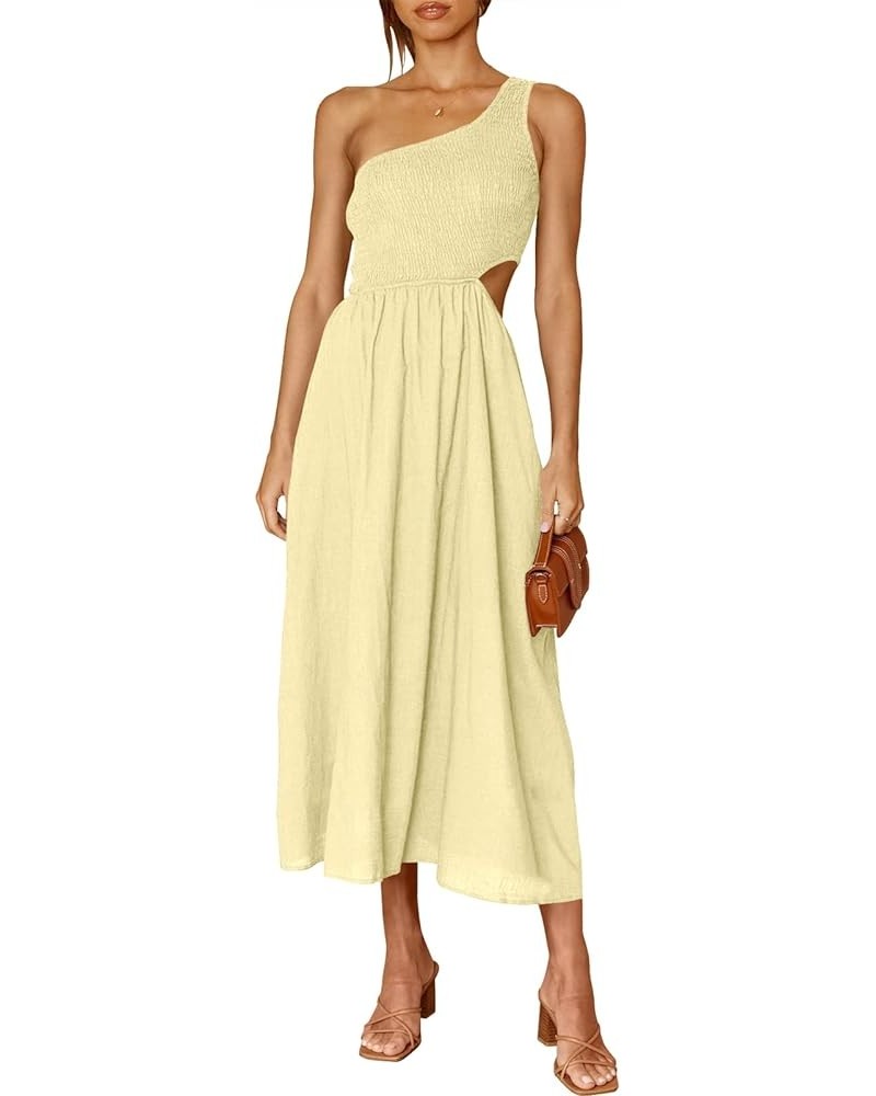 Women's Summer Sleeveless Smocked One Shoulder Cutout Sundress Flowy A-Line Beach Long Maxi Dress Beige $18.54 Dresses