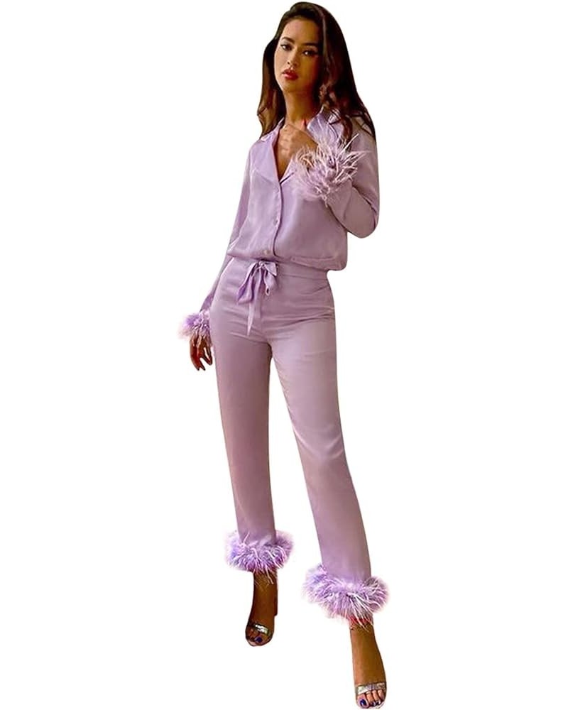 Silk Pajamas for Women Sexy With Robe Cute Pajama Sets for Women With Robe Pj Set for Women Silk Satin Purple $16.97 Sleep & ...