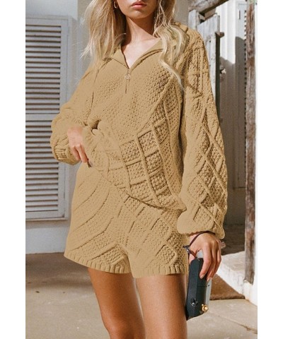 Women's 2 Piece Outfits Lounge Sweater Set Zip Collar Long Sleeve Top Knit Shorts Pants Sets Khaki $12.25 Activewear