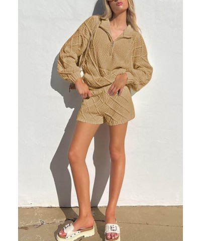 Women's 2 Piece Outfits Lounge Sweater Set Zip Collar Long Sleeve Top Knit Shorts Pants Sets Khaki $12.25 Activewear