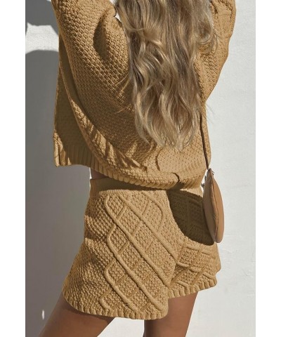 Women's 2 Piece Outfits Lounge Sweater Set Zip Collar Long Sleeve Top Knit Shorts Pants Sets Khaki $12.25 Activewear