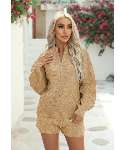 Women's 2 Piece Outfits Lounge Sweater Set Zip Collar Long Sleeve Top Knit Shorts Pants Sets Khaki $12.25 Activewear