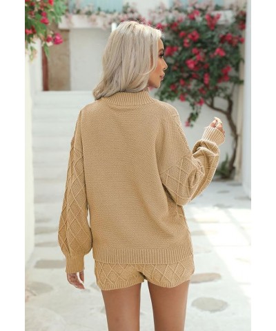 Women's 2 Piece Outfits Lounge Sweater Set Zip Collar Long Sleeve Top Knit Shorts Pants Sets Khaki $12.25 Activewear