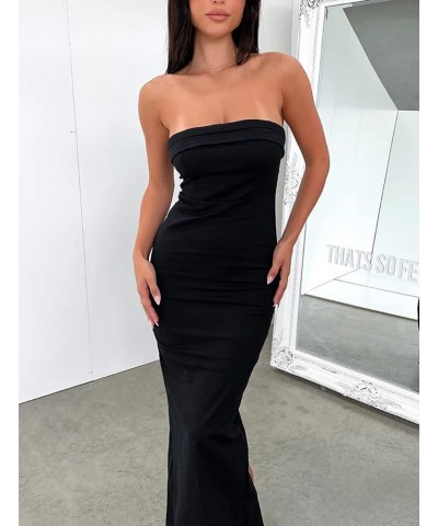 Women Y2k Off Shoulder Bodycon Dress Slim Fitted Long Tube Dresses Backless Stretchy Midi Dress Summer Beach Wear D-black $13...