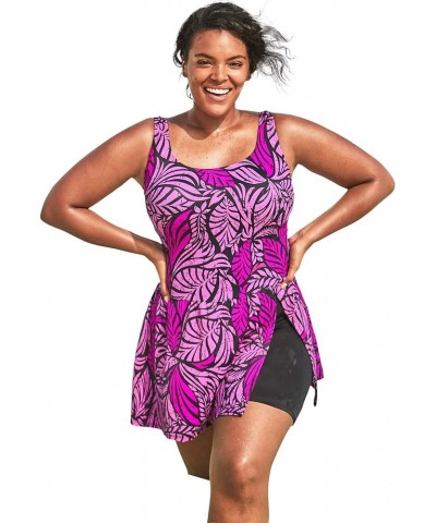 Women's Plus Size Side-Slit Swim Dress Swimsuit Bright Fuchsia Leaf $31.87 Others