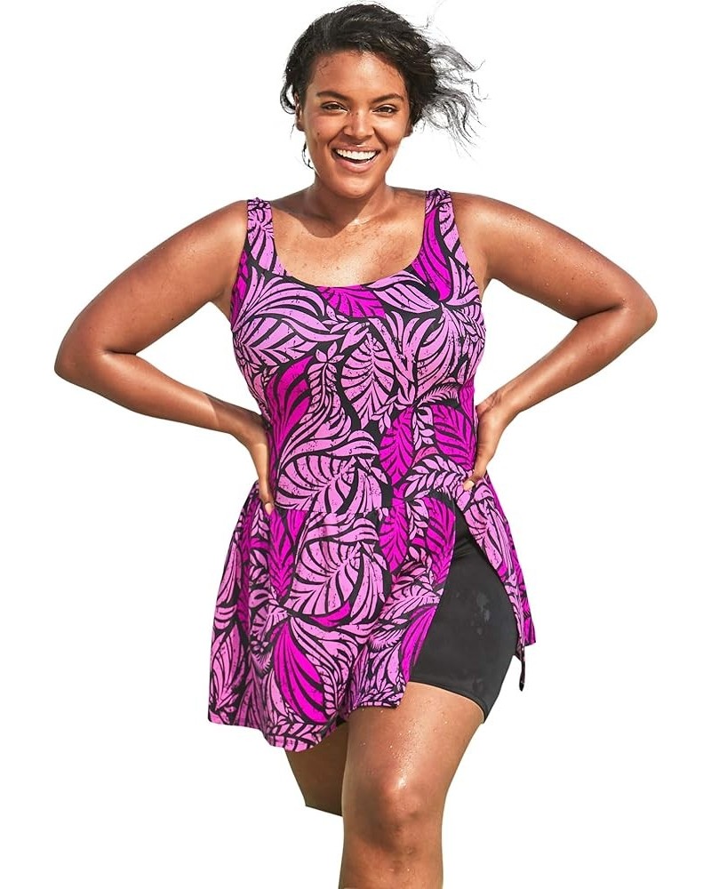 Women's Plus Size Side-Slit Swim Dress Swimsuit Bright Fuchsia Leaf $31.87 Others