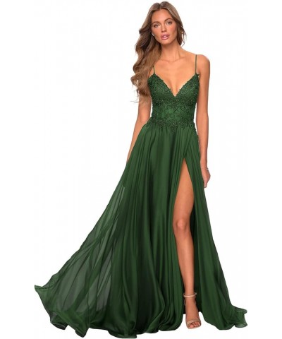 Women's V-Neck Prom Dress Slit Long Lace Appliques Formal Evening Party Gowns Chiffon PR003 Emerald Green $42.39 Dresses