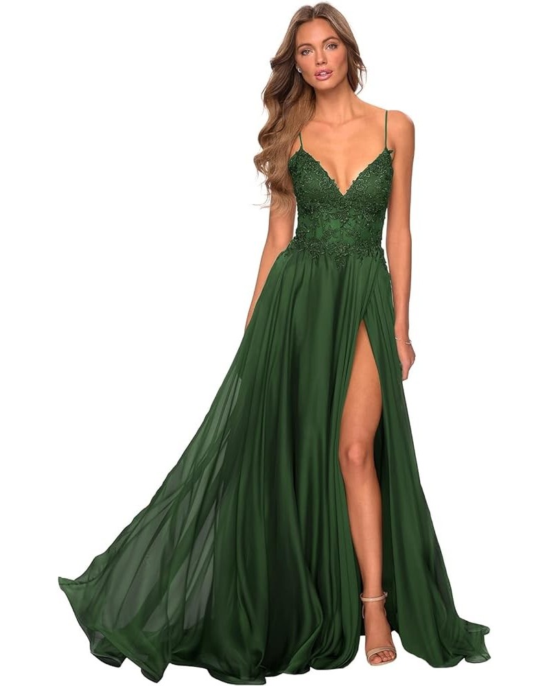 Women's V-Neck Prom Dress Slit Long Lace Appliques Formal Evening Party Gowns Chiffon PR003 Emerald Green $42.39 Dresses