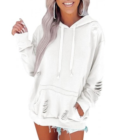 Women's Oversized Ripped Sweatshirt Distressed Hooded Pullover Sweatshirts Solid Loose Trendy Hoodies Fall Tops White $13.60 ...