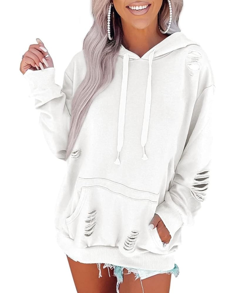 Women's Oversized Ripped Sweatshirt Distressed Hooded Pullover Sweatshirts Solid Loose Trendy Hoodies Fall Tops White $13.60 ...