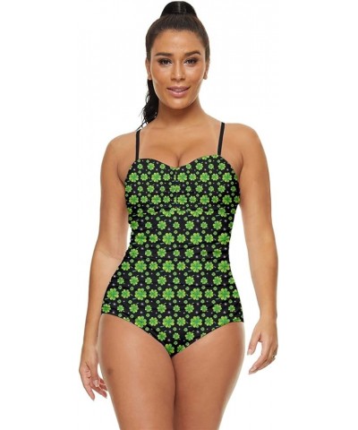 Womens Green Shamrock St Patricks Day Clover Leaves Leprechauns Retro Full Coverage Swimsuit, XS-5XL Green & Black $17.69 Swi...